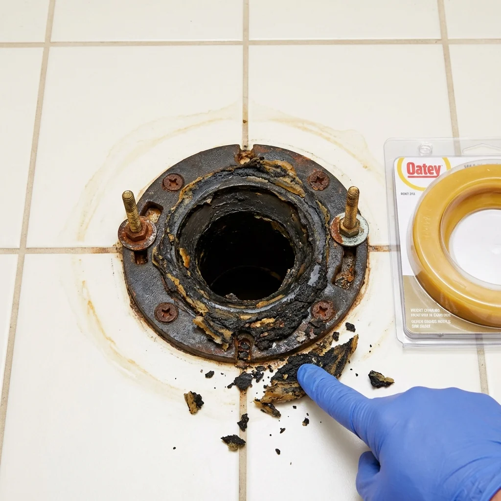 Failed wax ring showing water seepage at the base of a toilet in a Camden, OH home