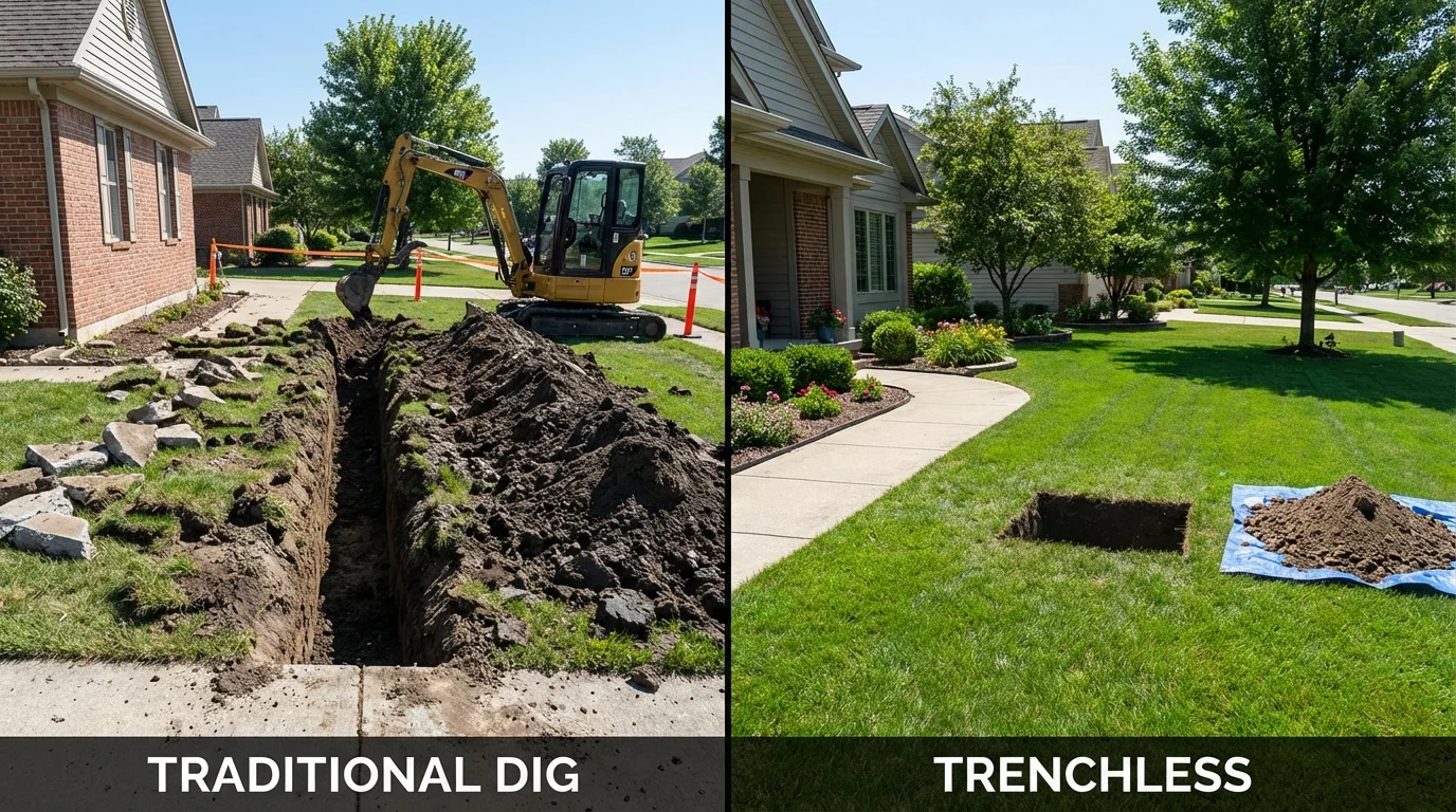 Trenchless sewer repair with minimal yard damage versus traditional excavation in Camden, OH